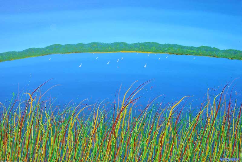 gone sailing water view across the lake with boats contemporary painting