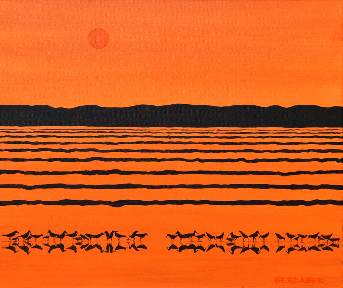 orange sunset with wading birds decorative original painting