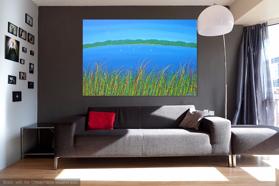 gone sailing water view across the lake with boats contemporary painting on wall