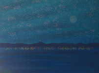 waterside night lights reflections starry sky painting
